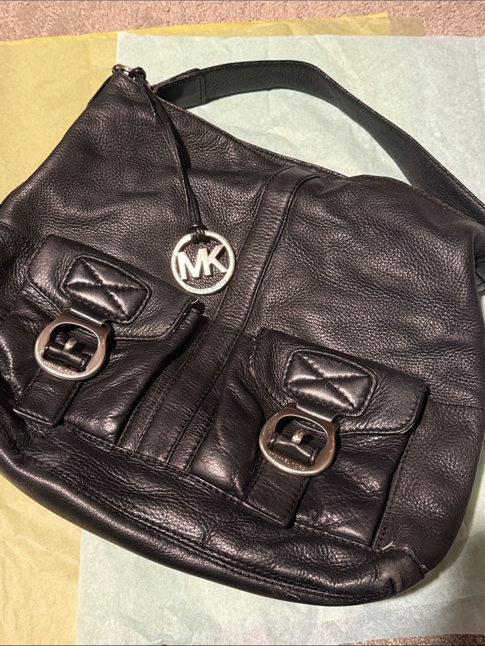 Michael Kors Black Pebbled Leather Hobo with Silver Detail